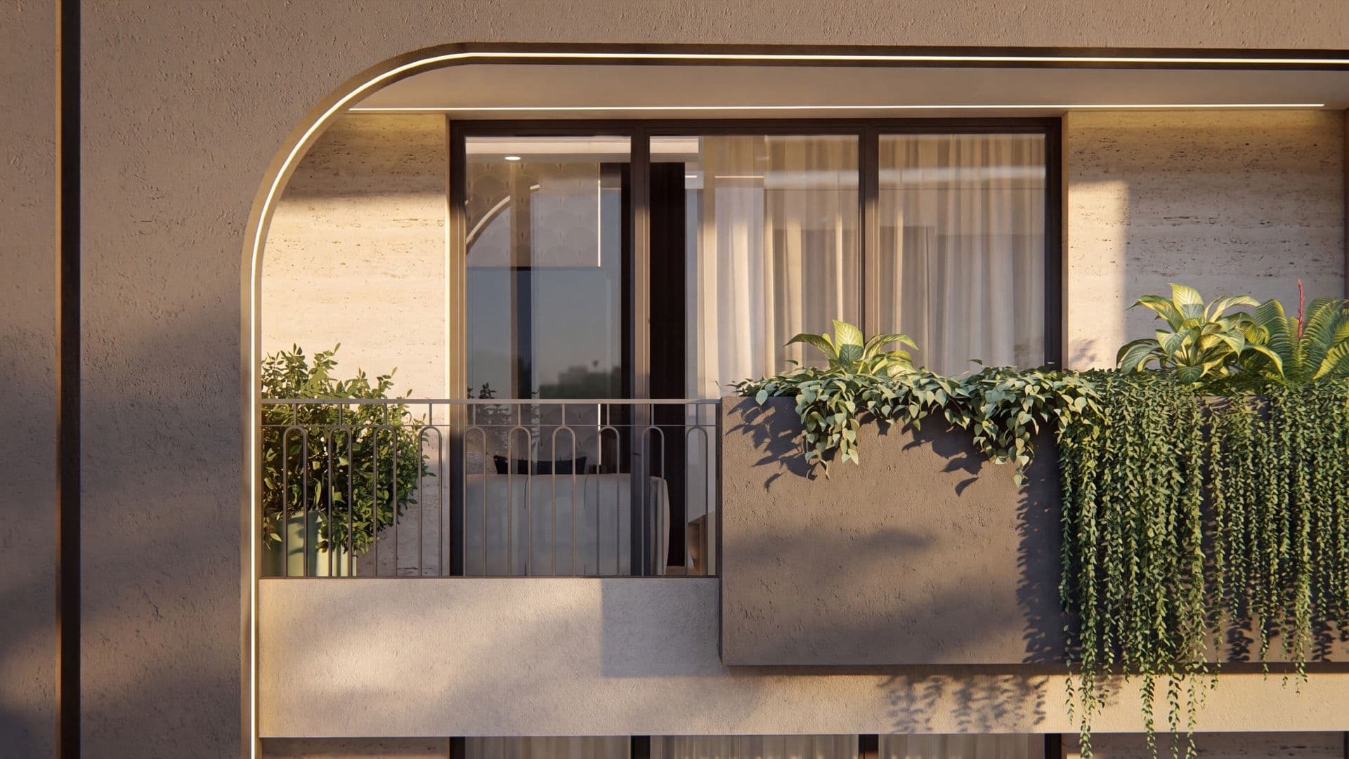 Rendu 3D d'un balcon végétalisé en façade, M-Road Collection