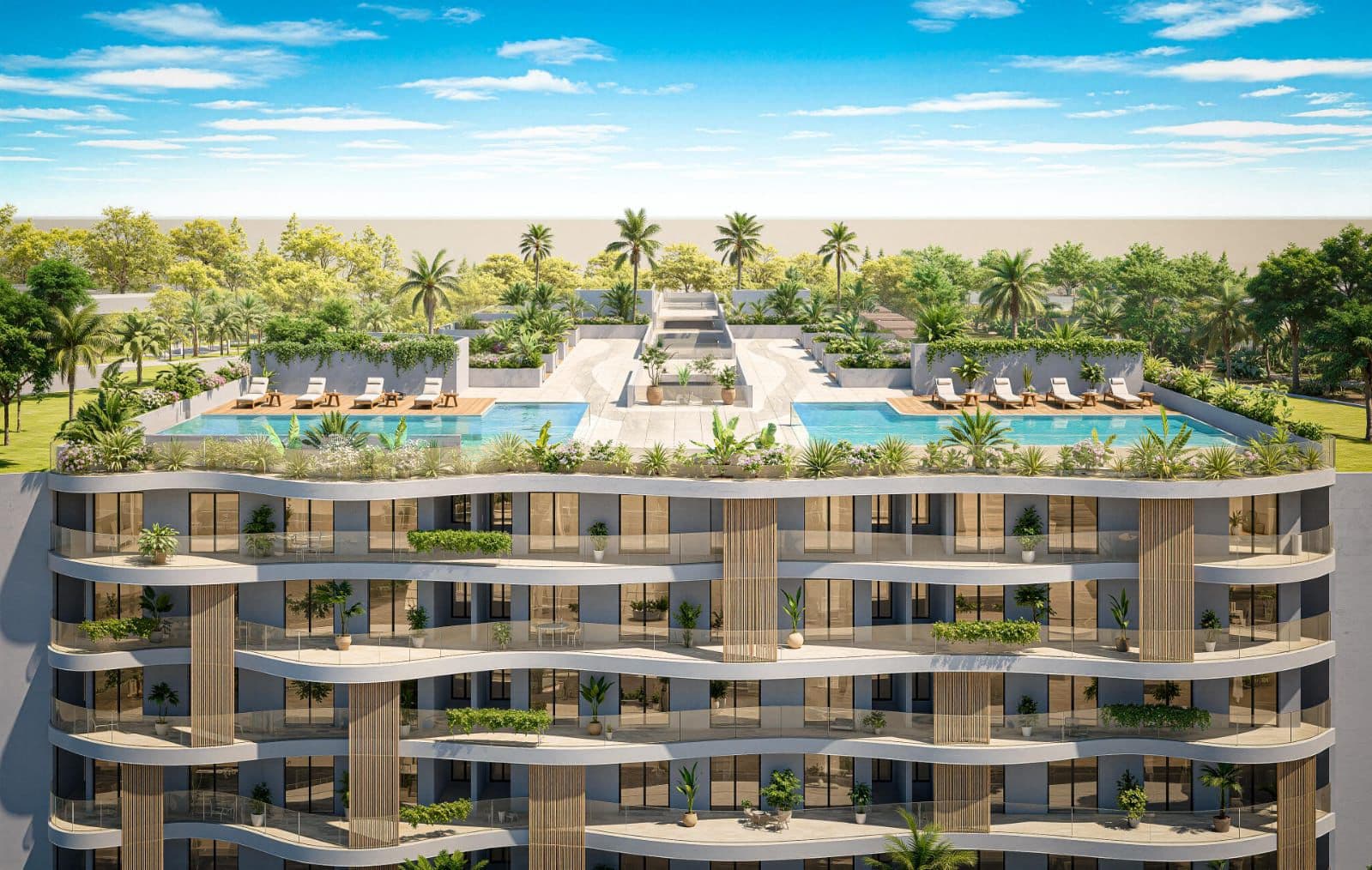 Rendu 3D de la façade et du rooftop avec ses deux piscines, résidence Jardin de Bali